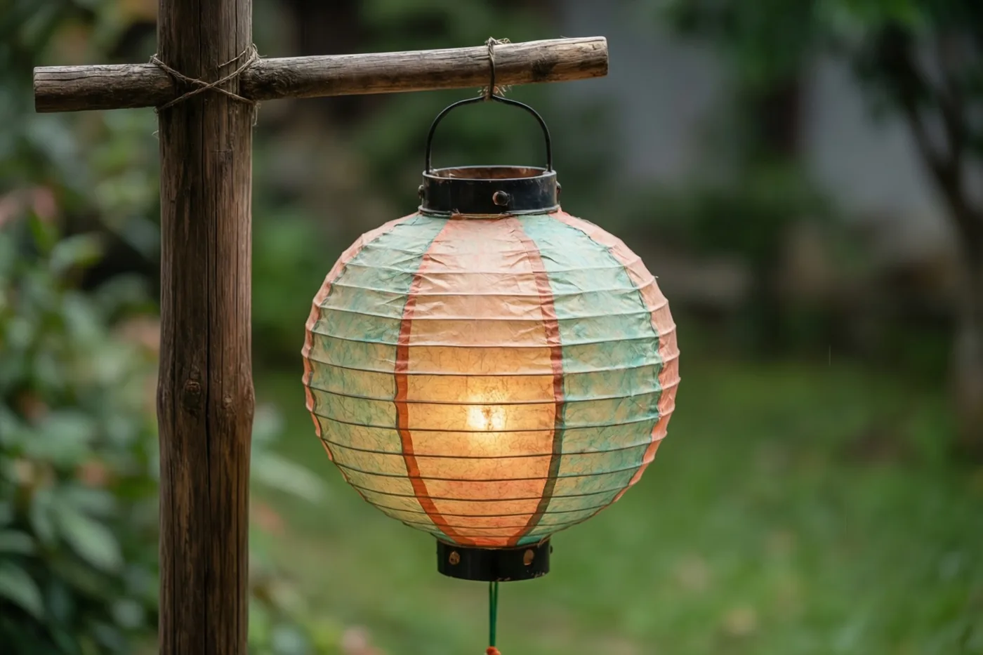 Een oude papieren lampion met verbleekte pastelstrepen hangt aan een houten dwarslat en gloeit warm tegen een onscherpe groene tuinachtergrond.