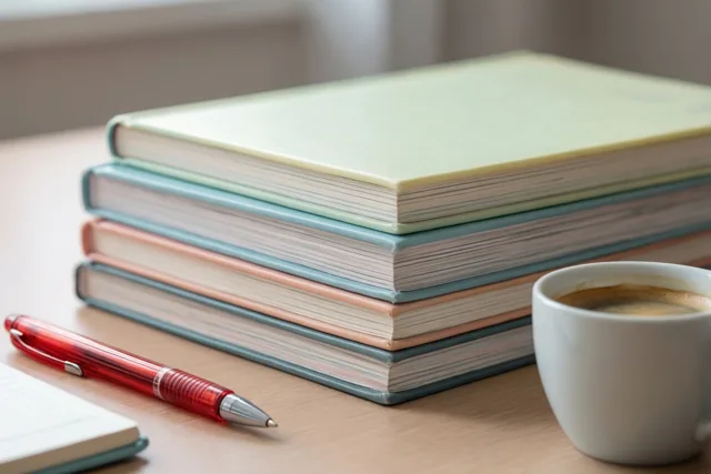 Op een houten bureau ligt een stapel pastelkleurige schriften naast een rode pen en een witte koffiekop in zacht licht.