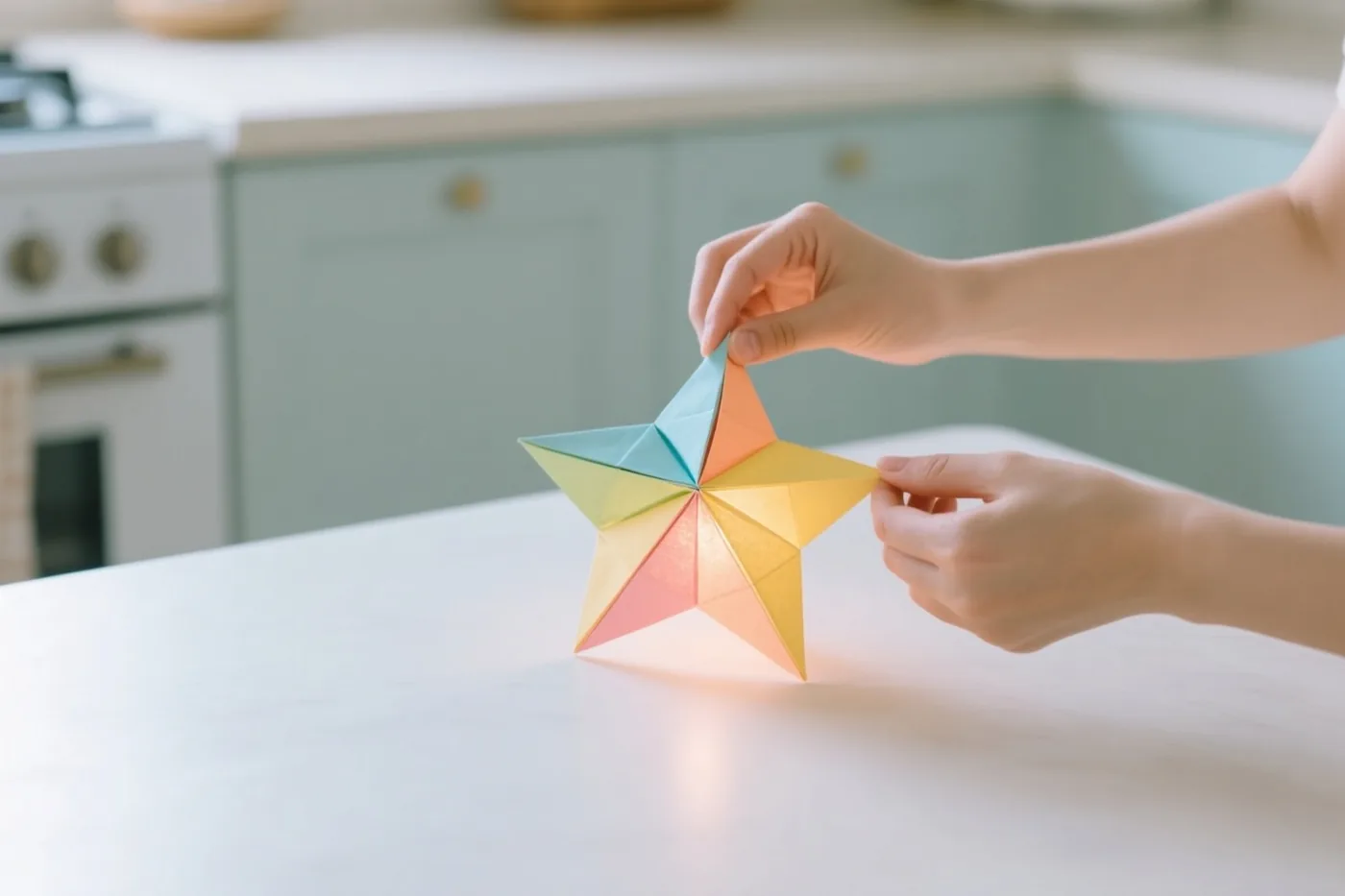 Twee handen vouwen een papieren sterlantaarn in geel, roze en blauw op een witte tafel in een keuken met lichtblauwe kasten en een wit fornuis.