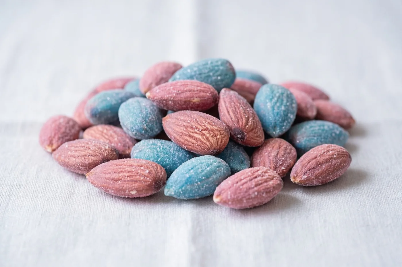 Een hoopje roze en blauwe suikerbonen ligt op witte linnen stof in zachte pasteltinten.