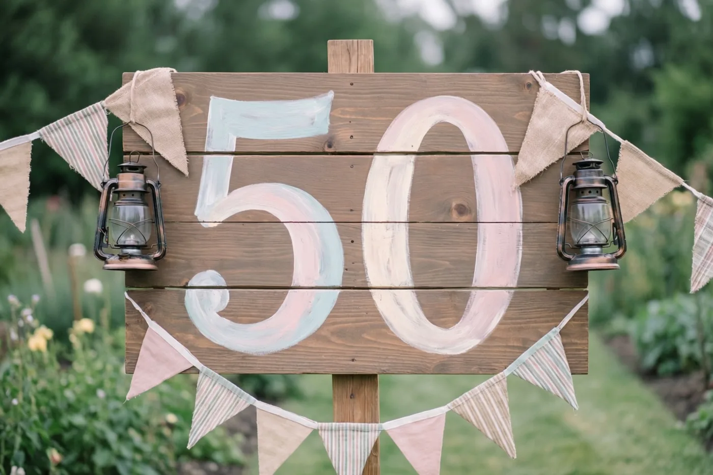 Een landelijk houten bord met 50 in pastelkleuren staat in een groene tuin met vlaggetjes en oude lantaarns.