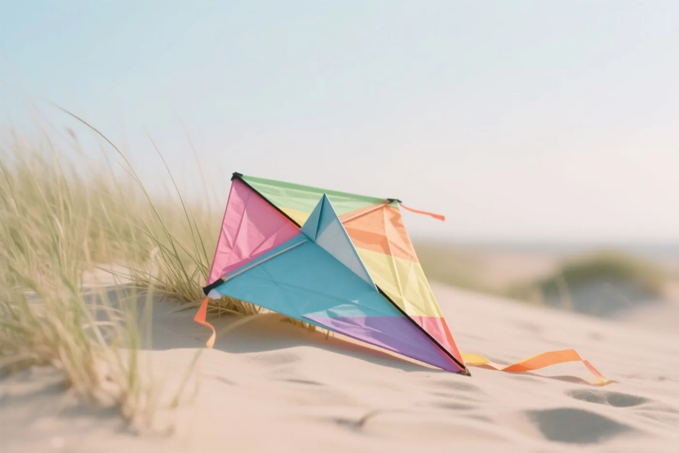 Een papieren vlieger in regenboogkleuren ligt deels tussen hoog strandgras op een zandduin, onder een lichte hemel met zachte pasteltinten.