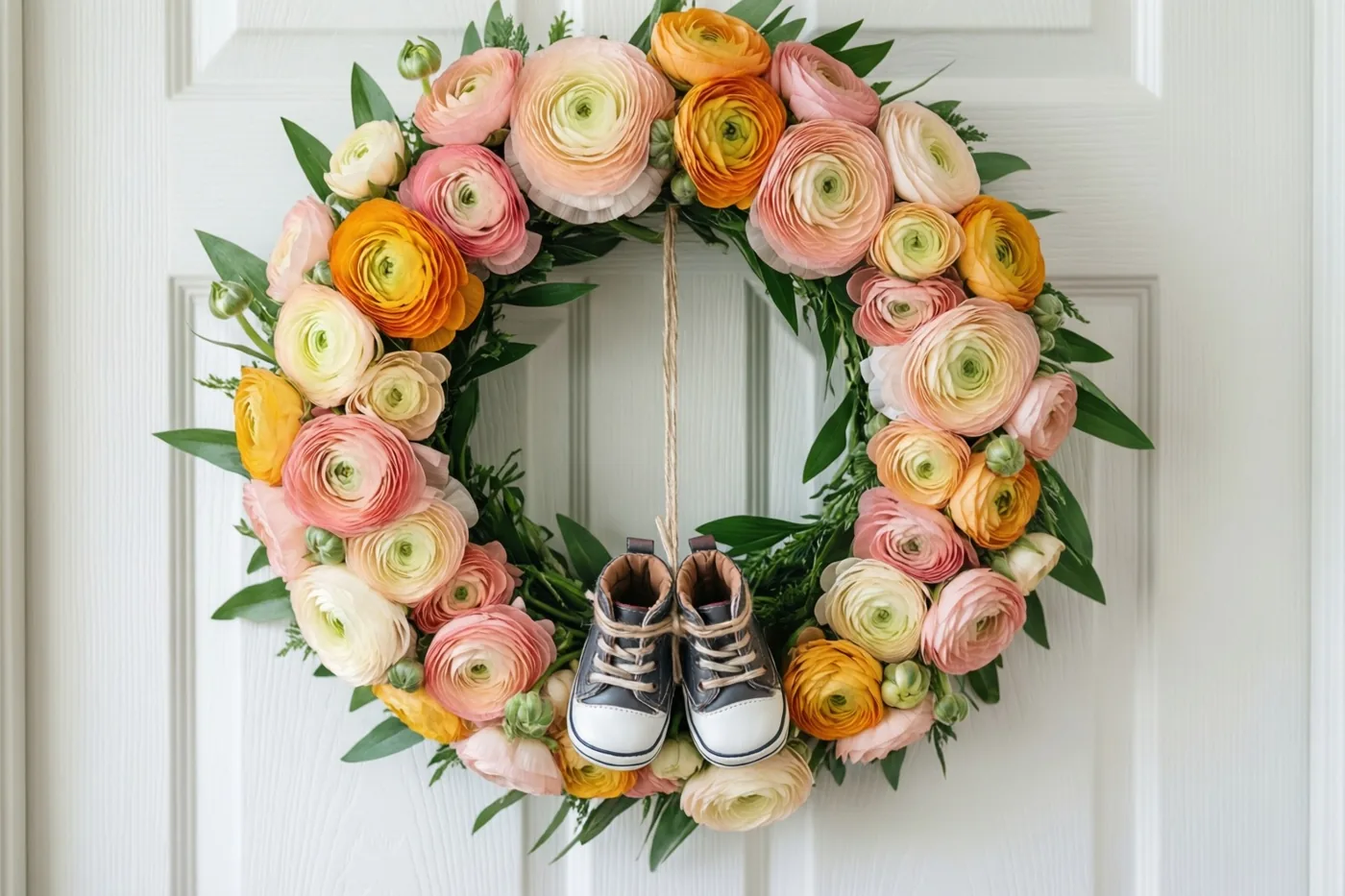 Een krans van roze, oranje en crèmekleurige ranonkels hangt aan een witte paneeldeur, met donkerblauwe en witte babyschoentjes die met touw aan de krans zijn vastgemaakt.