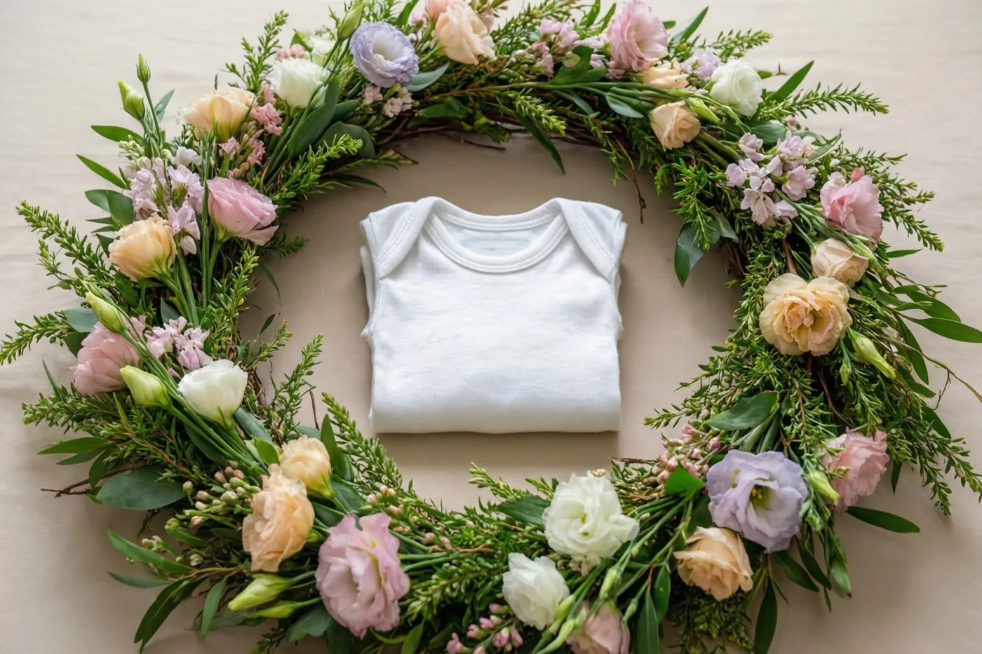 Een ronde krans van pastelkleurige lentebloemen en groen ligt rond een opgevouwen witte babybody tegen een neutrale beige achtergrond.