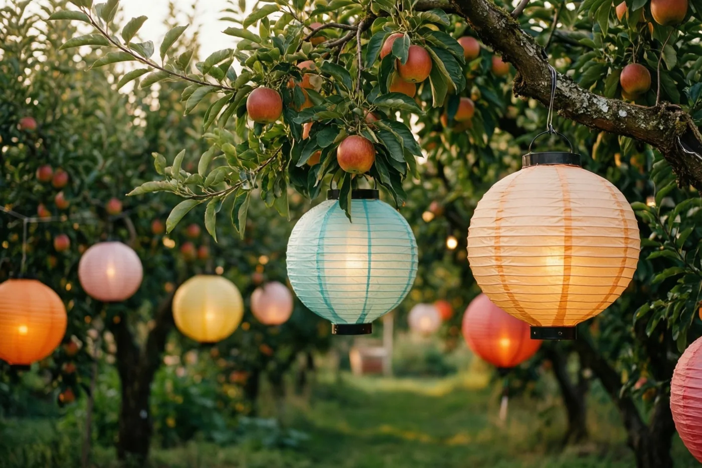 Papieren lampionnen in pastelkleuren hangen aan takken van fruitbomen in een tuin in warm gouden licht.
