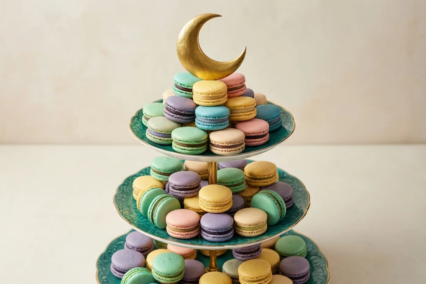 Een etagère met drie verdiepingen vol pastelkleurige macarons en een gouden maansikkel bovenaan staat tegen een effen lichte achtergrond in zacht gelijkmatig licht.