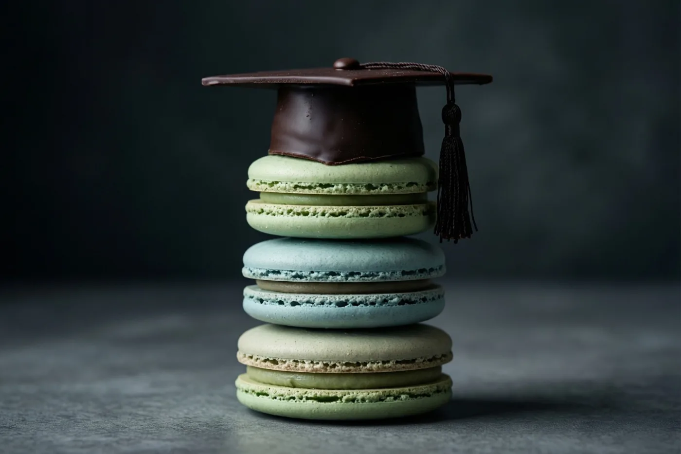 Een stapel pastelkleurige macarons met een klein afstudeerhoedje van chocolade staat in zacht licht tegen een donkere achtergrond met textuur.