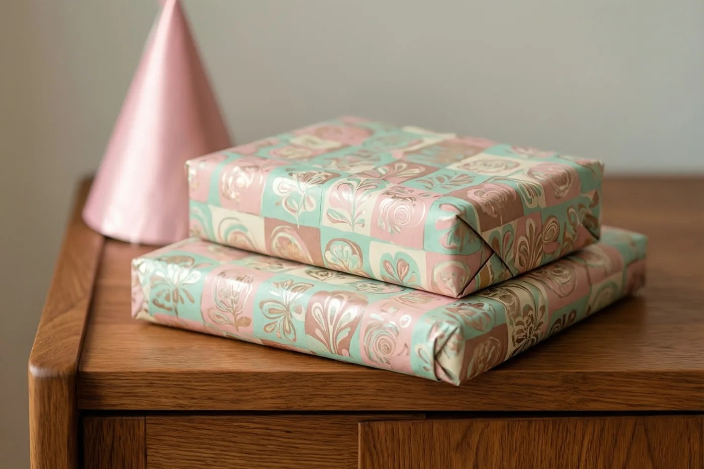 Twee ingepakte cadeaus met patronen liggen op een houten dressoir, met een roze feesthoedje op de achtergrond en zachte roze, mintgroene en beige tinten.