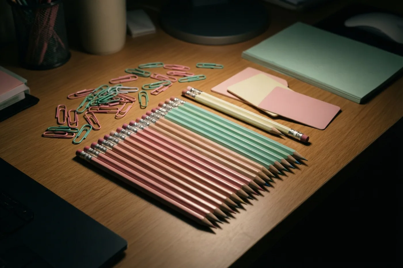 Pastelkleurige potloden, paperclips en plakbriefjes liggen netjes gerangschikt op een houten bureau, van bovenaf gezien bij zacht warm licht.