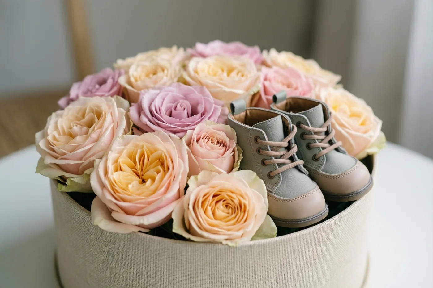 Een ronde beige hoedendoos met pastelrozen en kleine babyschoentjes staat op een witte ondergrond in zacht daglicht.