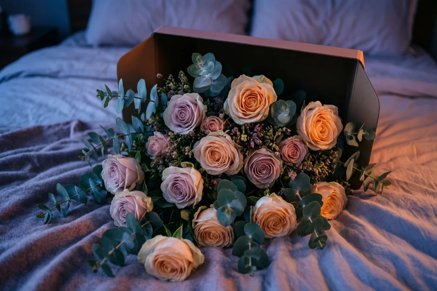 Een open bloemendoos ligt op een bed, met pastelkleurige rozen en eucalyptus die over een deken met structuur vallen.
