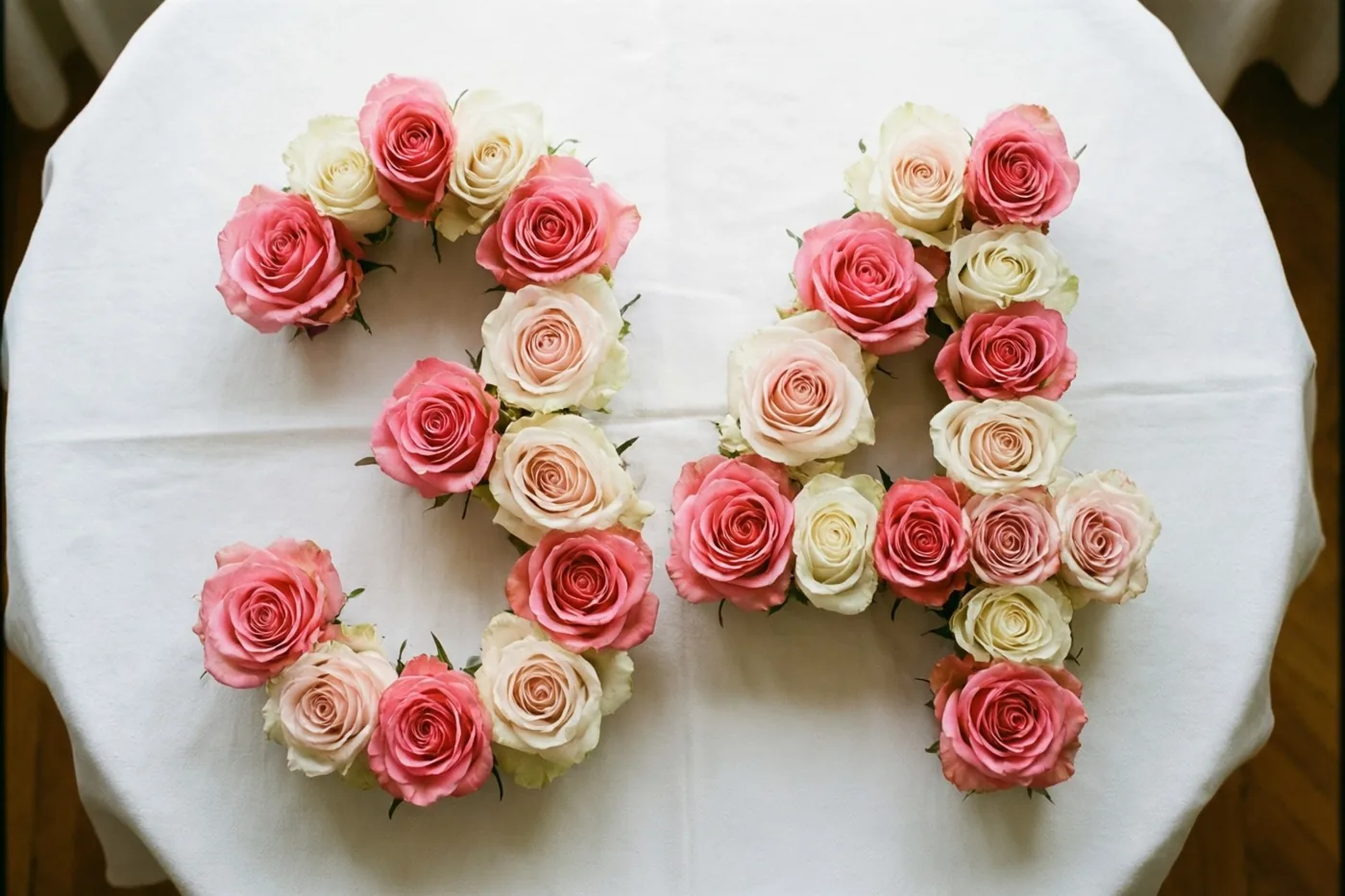 Het getal 34 is gemaakt van pastelroze en crèmewitte rozen op een wit tafelkleed en is recht van boven gefotografeerd.