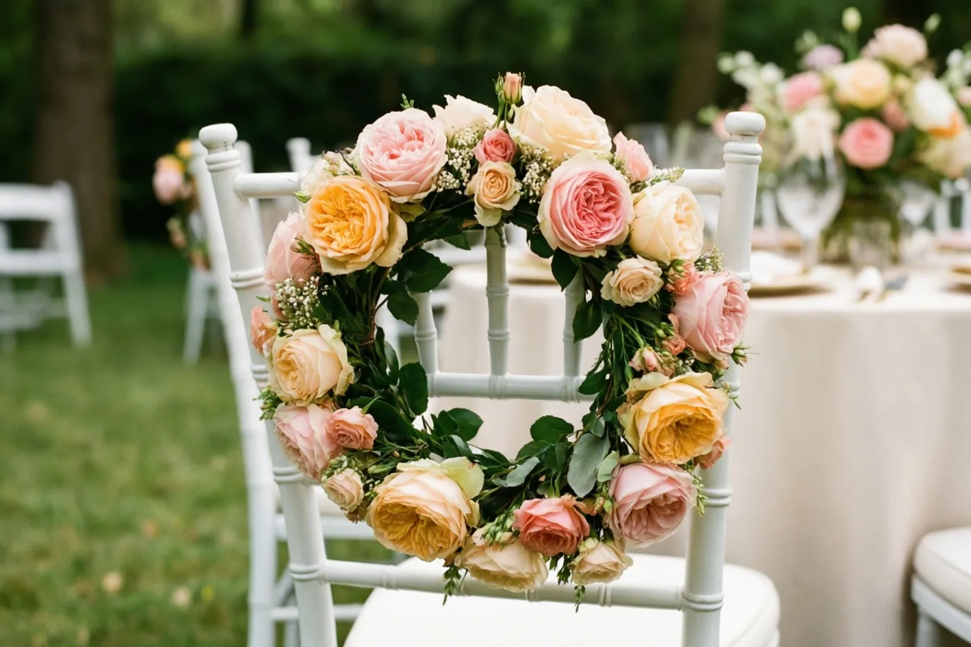 Een krans van pastelroze en perzikkleurige rozen hangt over de rugleuning van een witte houten stoel in een groene tuin, met onscherpe tafels en bloemstukken erachter.