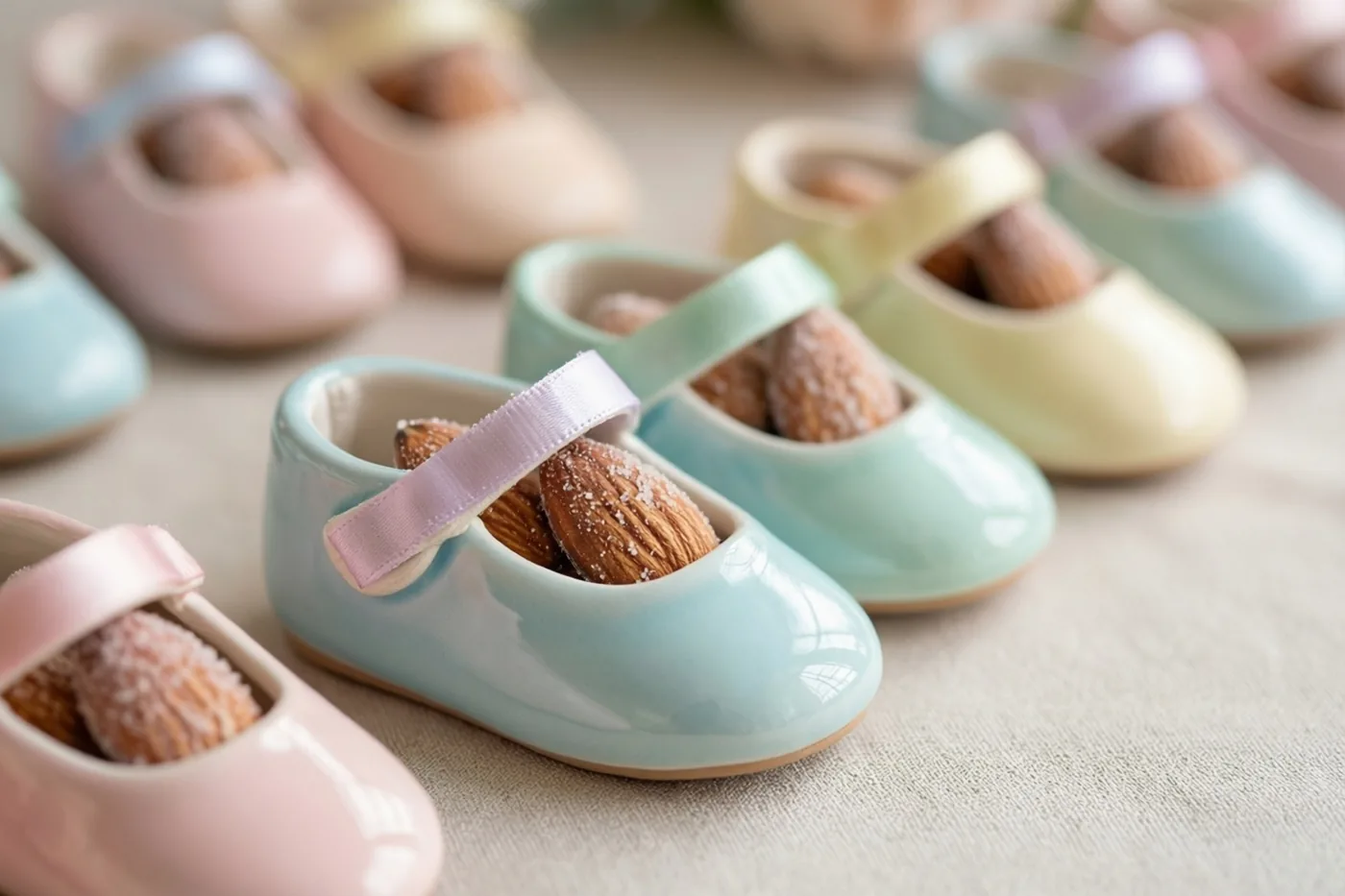 Een rij kleine keramieken babyschoentjes in pastelkleuren, elk met suikerbonen, staat op een beige ondergrond met structuur.