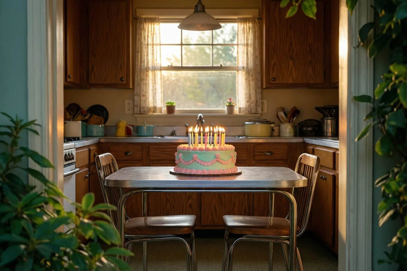 Een pastelkleurige verjaardagstaart met brandende kaarsjes staat op een verchroomde tafel in een jarenvijftigkeuken met houten kasten, groene planten en zonlicht door het raam.