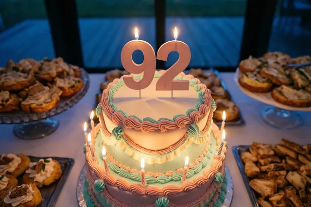 Een taart met meerdere verdiepingen, pastelkleurig glazuur, brandende kaarsjes en een papieren versiering met 92 staat tussen desserts op een buffet tegen een blauwe achtergrond.