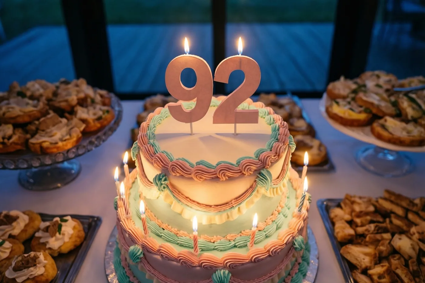 Een taart met meerdere verdiepingen, pastelkleurig glazuur, brandende kaarsjes en een papieren versiering met 92 staat tussen desserts op een buffet tegen een blauwe achtergrond.