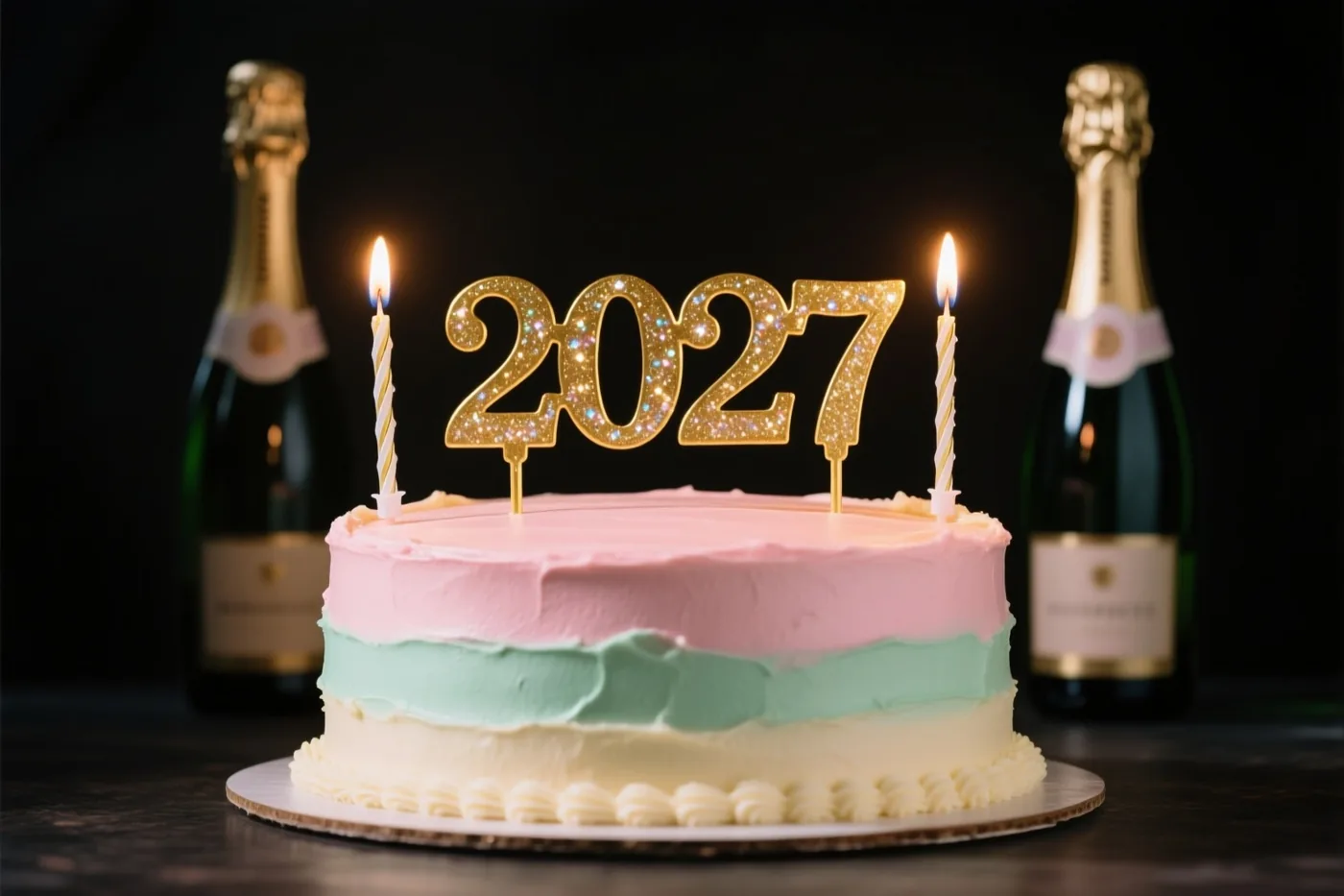 Een ronde taart met roze, mintgroen en crèmekleurig glazuur heeft een gouden glitterversiering 2027 en twee brandende kaarsen, met twee champagneflessen tegen een zwarte achtergrond.