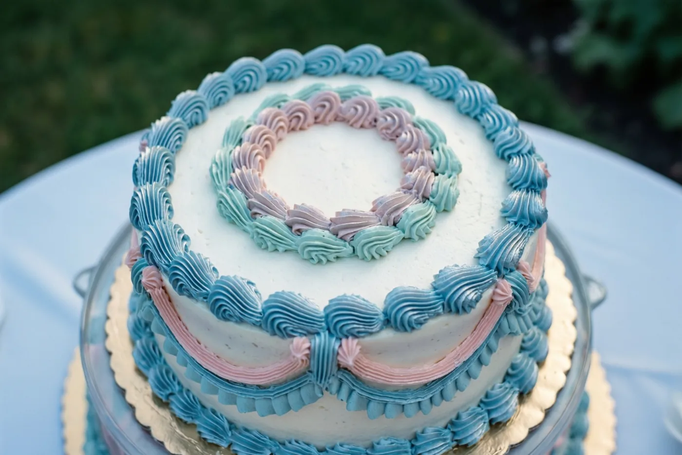 Een bruidstaart met twee lagen, pastelblauw en roze spuitwerk, sierlijke krullen en een hartvormig patroon bovenop staat in een tuin op een glazen voet op een wit tafelkleed.