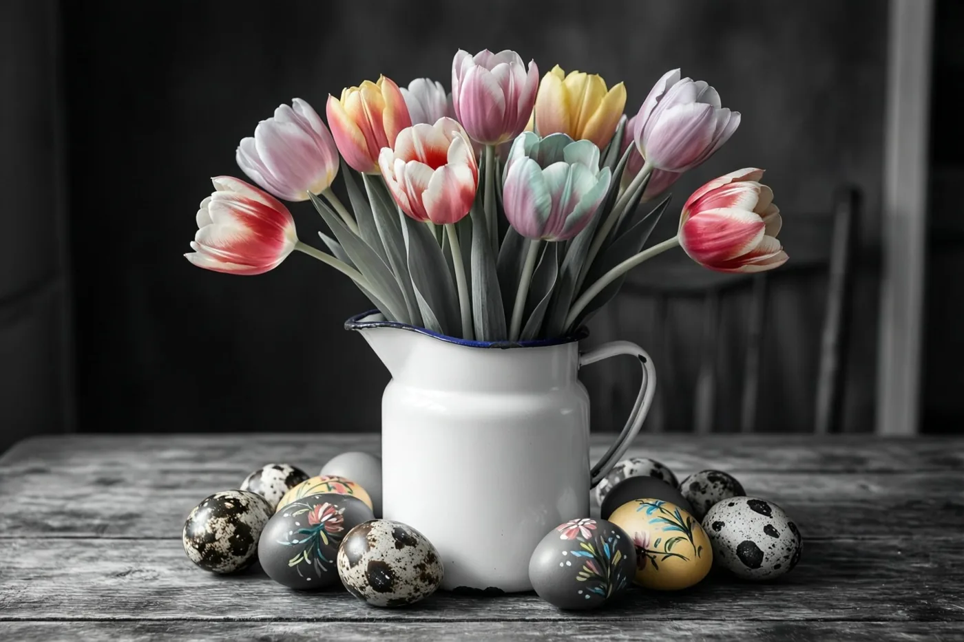 Een boeket pastelkleurige tulpen staat in een witte emaille kan op een landelijke tafel tussen beschilderde paaseieren, tegen een donkere wazige achtergrond.