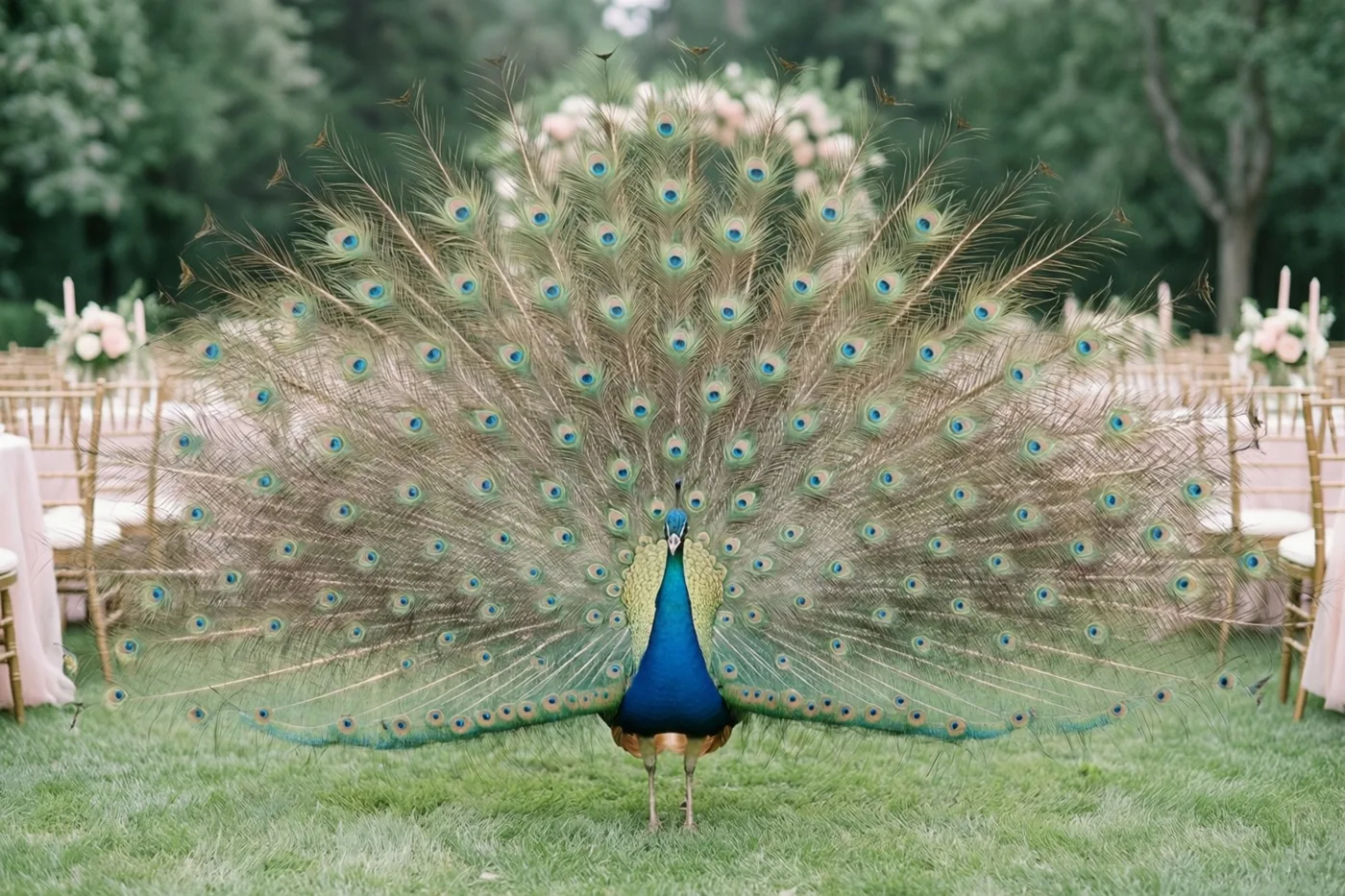 Een pauw staat met uitgespreide staart op een groen gazon voor trouwtafels en stoelen onder bomen met zachtroze bloemversieringen.