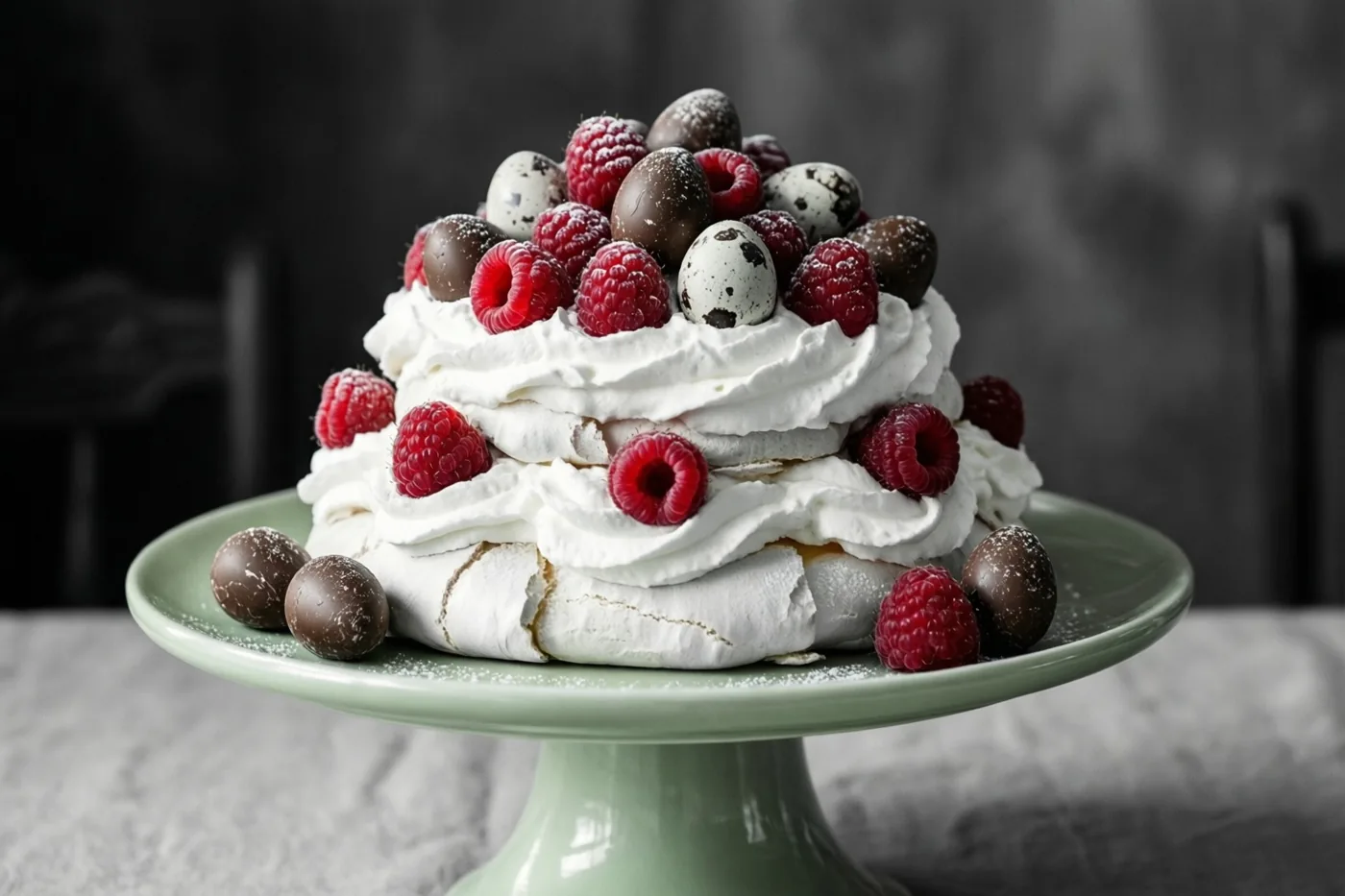 Een hoge pavlova met slagroom, verse frambozen en kleine chocolade-eitjes staat op een lichtgroene taartstandaard tegen een donkere wazige achtergrond in zacht licht.