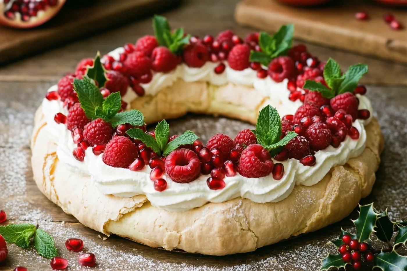 Een pavlovakrans met slagroom, frambozen, granaatappelpitjes en munt ligt op een houten oppervlak met poedersuiker, naast hulsttakjes en losse granaatappelpitjes.
