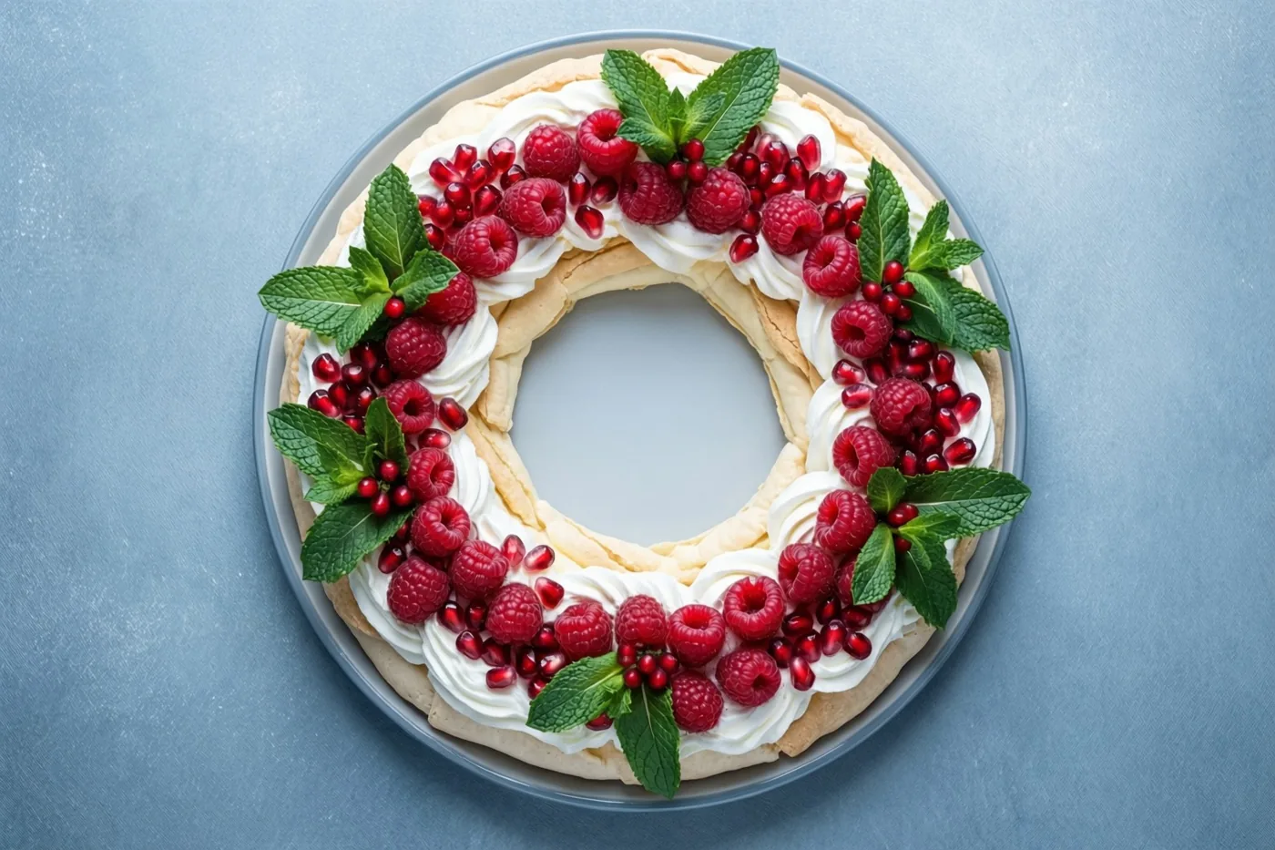 Een pavlovakrans met slagroom, frambozen, granaatappelpitjes en munt ligt op een grijs bord voor een blauwgrijze achtergrond.