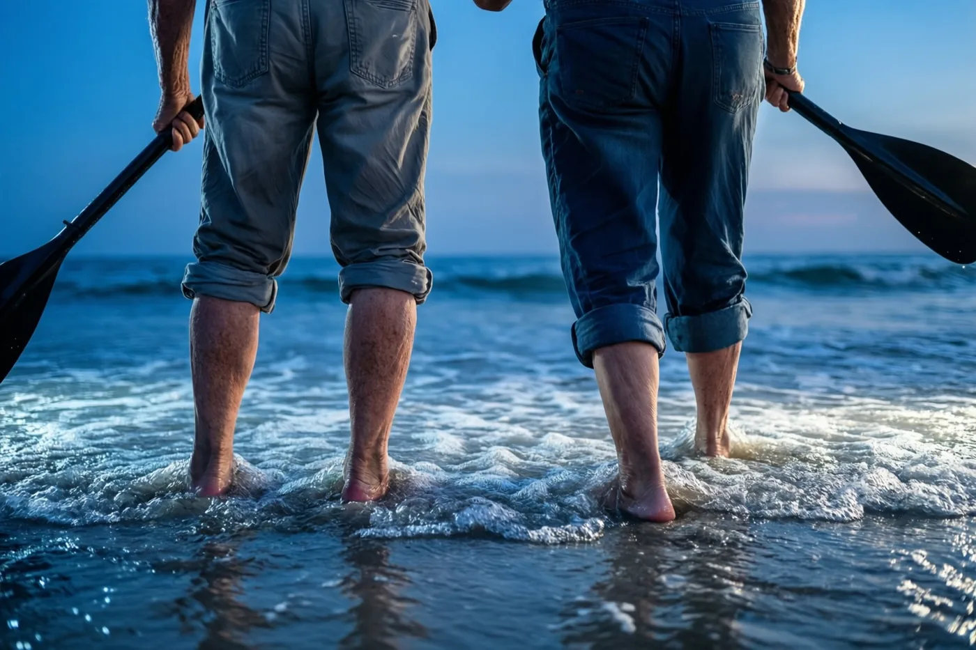 Twee oudere mensen staan naast elkaar met opgerolde broekspijpen en peddels in ondiep zeewater, in overwegend blauwe tinten.