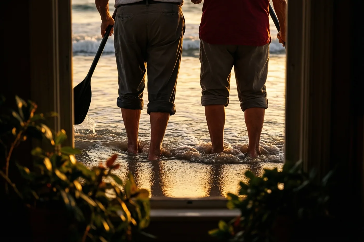 Door een deur- of raamkozijn zijn twee oudere mensen te zien die met opgerolde broekspijpen en peddels naast elkaar in ondiep zeewater staan, met goudkleurige weerspiegelingen van de ondergaande zon.