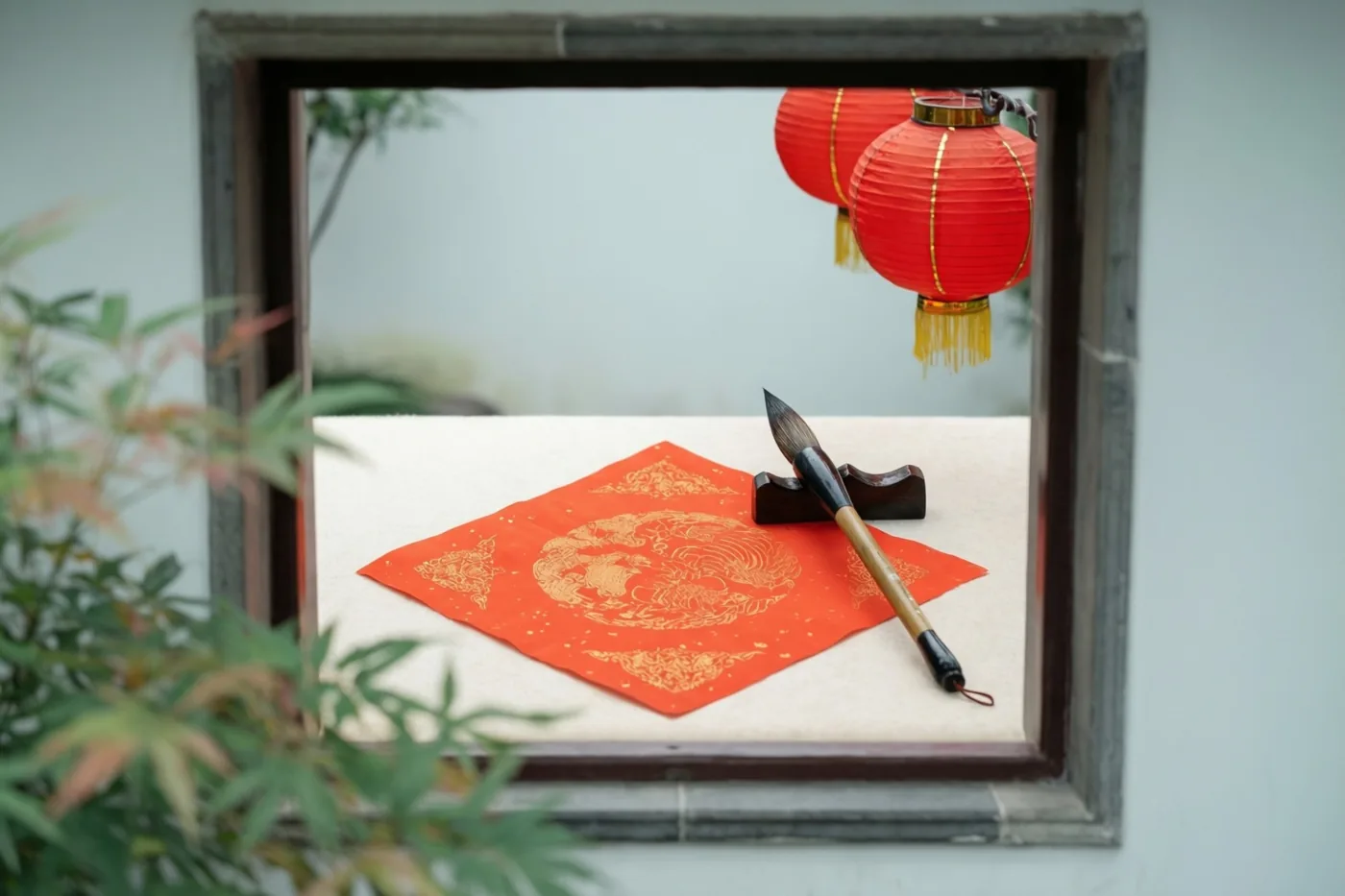 Door een houten raam is een kalligrafiepenseel te zien naast een rood ruitvormig vel papier met een gouden patroon, met rode lantaarns tegen een bleke muur en groen op de voorgrond.