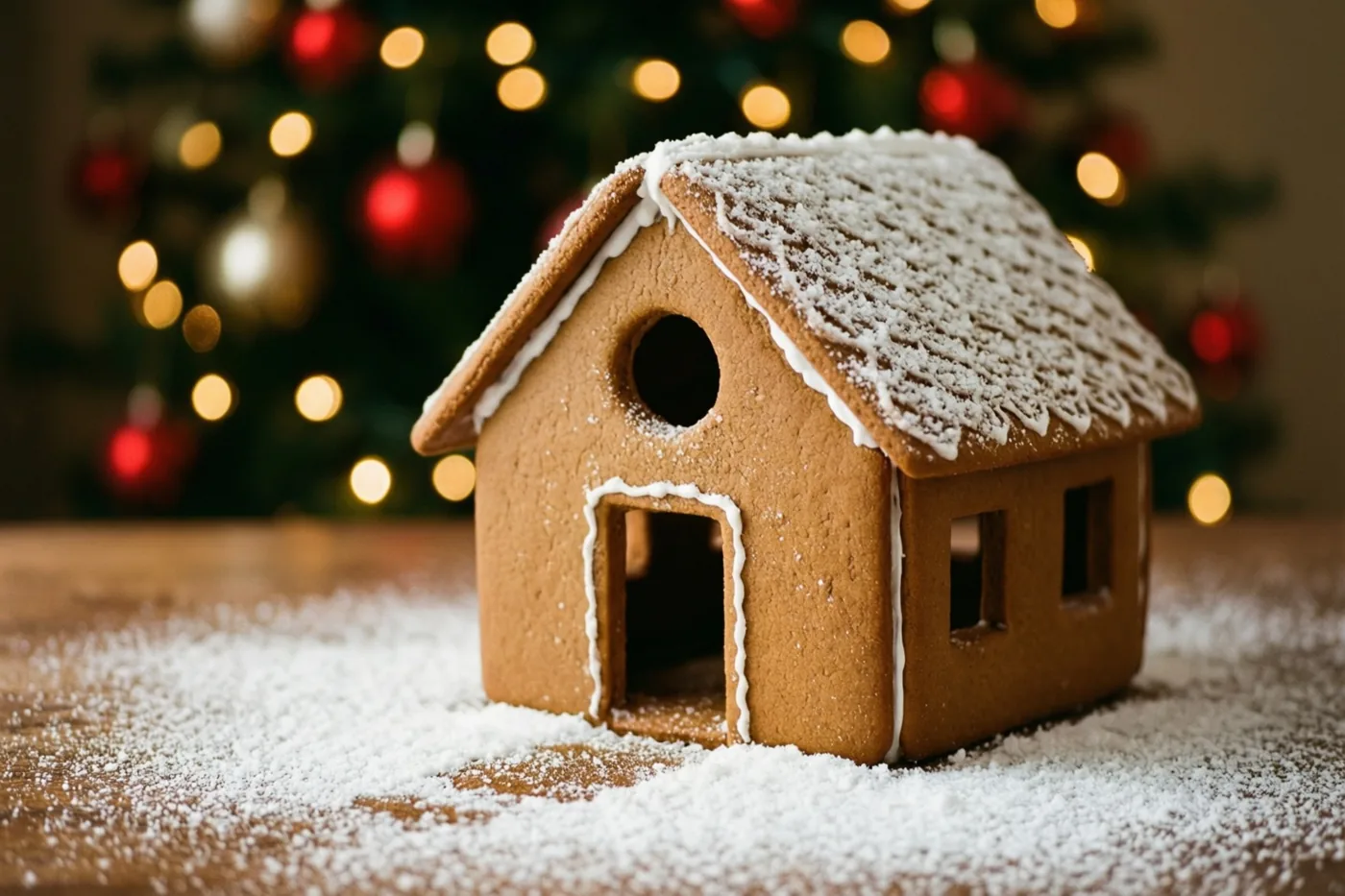 Een peperkoeken huisje met witte poedersuiker staat op een houten tafel, met een onscherpe kerstboom met lichtjes op de achtergrond.