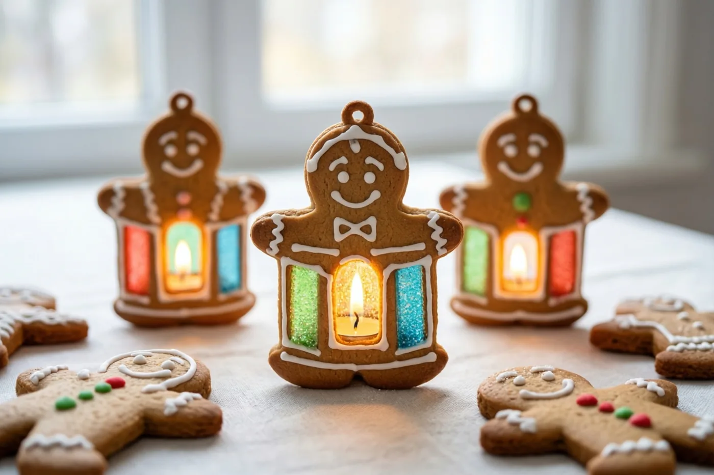 Peperkoekkoekjes in de vorm van lantaarns met gekleurde suikervenstertjes staan op een wit tafelkleed bij een raam en lichten vanbinnen op door kaarslicht.