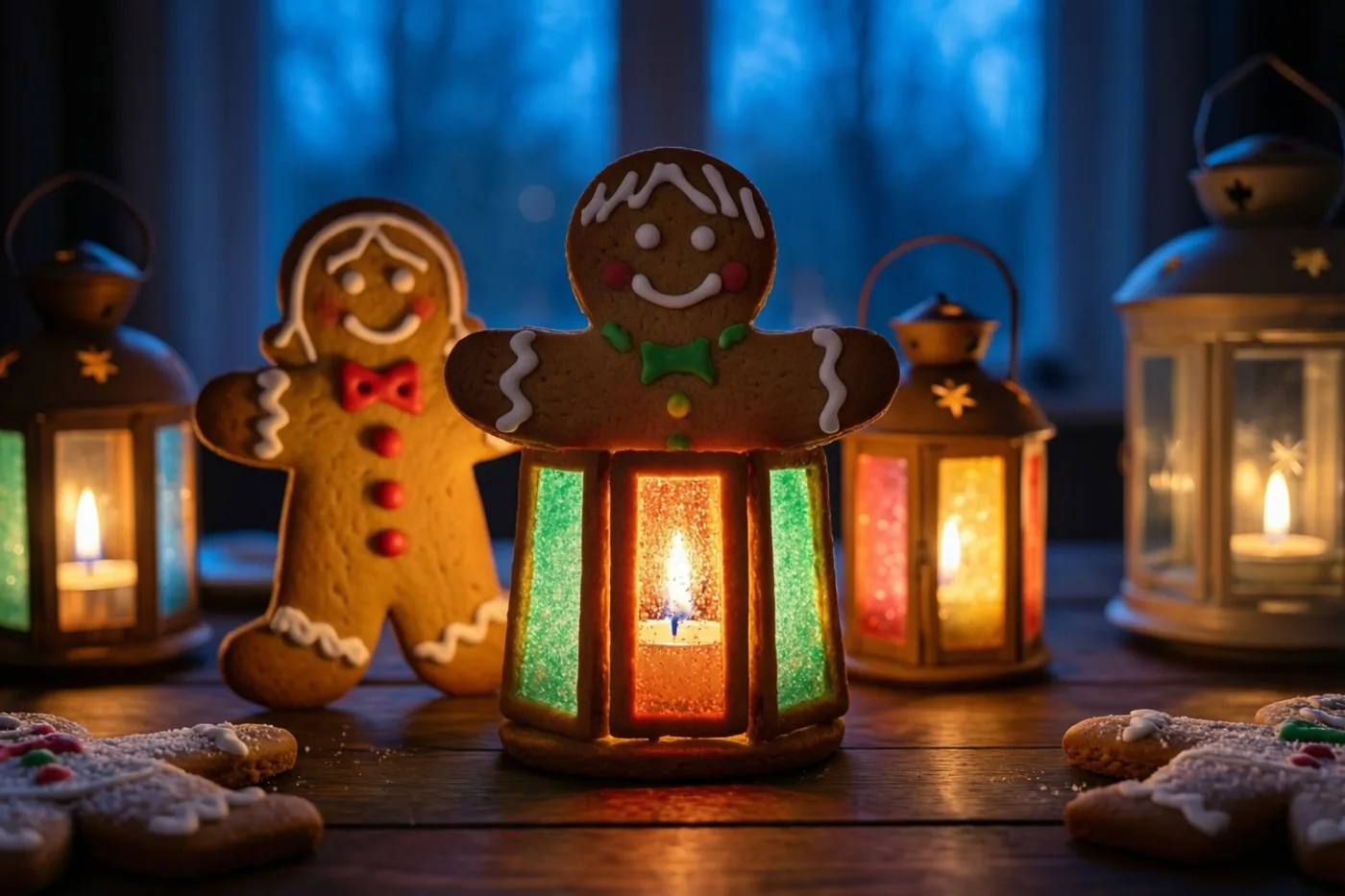 Peperkoekkoekjes in de vorm van kinderlantaarns met gekleurde suikervenstertjes gloeien in kaarslicht op een houten tafel voor een blauw raam.