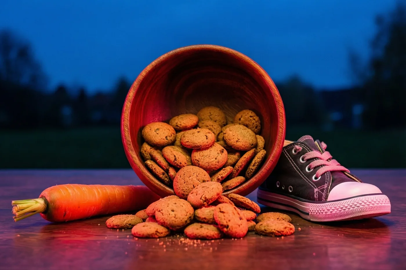 Pepernoten rollen uit een omgekantelde houten kom op een houten ondergrond naast een kindersportschoen en een wortel, met warm rood en oranje licht tegen een donkerblauwe schemerachtergrond.