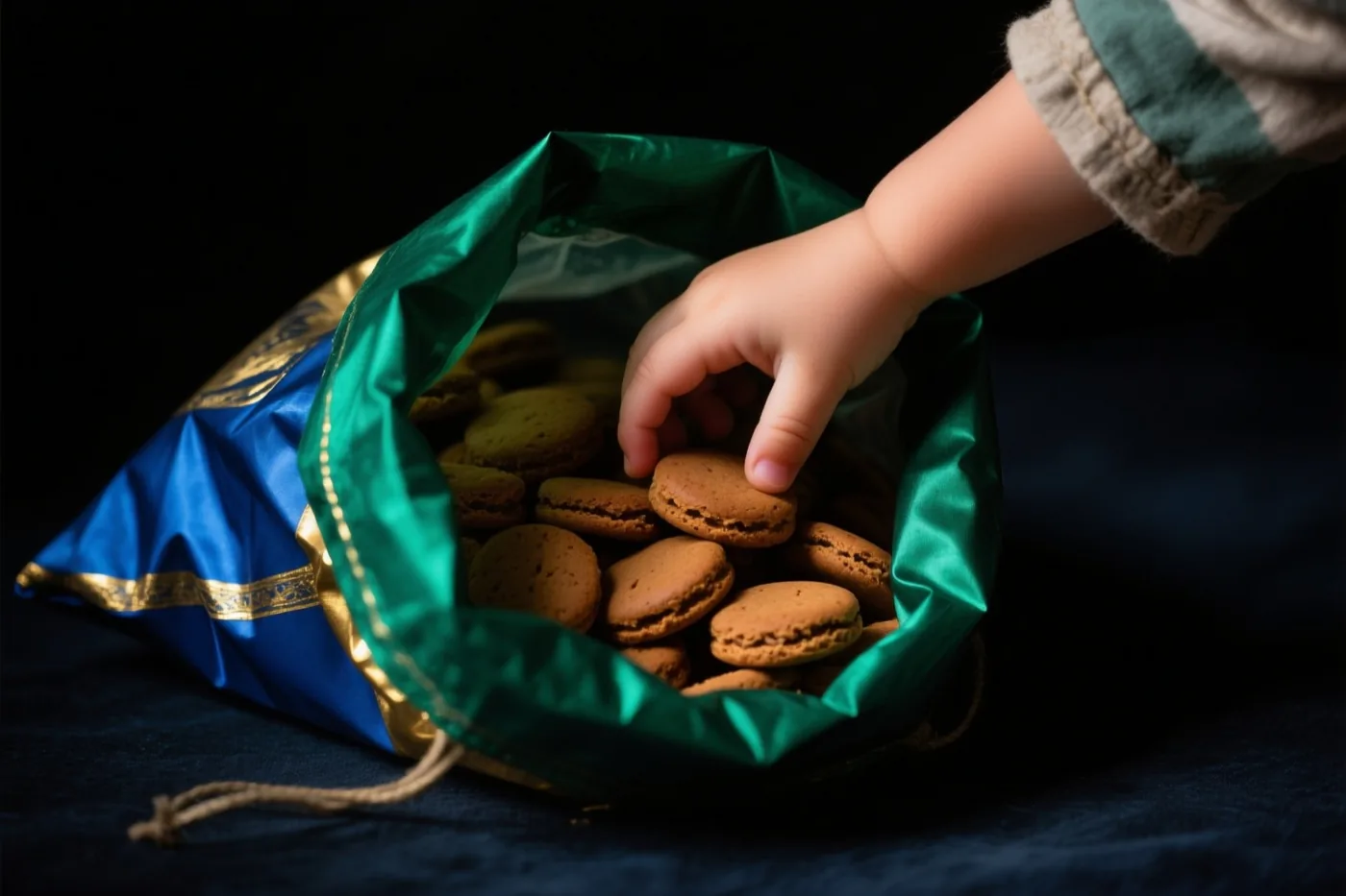 Een kinderhand reikt in een groen-blauwe satijnen zak vol bruine pepernoten, sterk belicht tegen een donkere achtergrond.