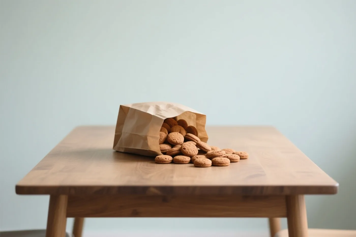 Uit een omgevallen bruine papieren zak rollen ronde bruine pepernoten op een licht houten tafel voor een lichtblauwe muur.