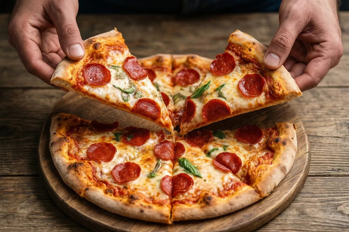 Twee handen nemen stukken van een pepperonipizza op een houten serveerplank op een rustieke houten tafel in warm licht.