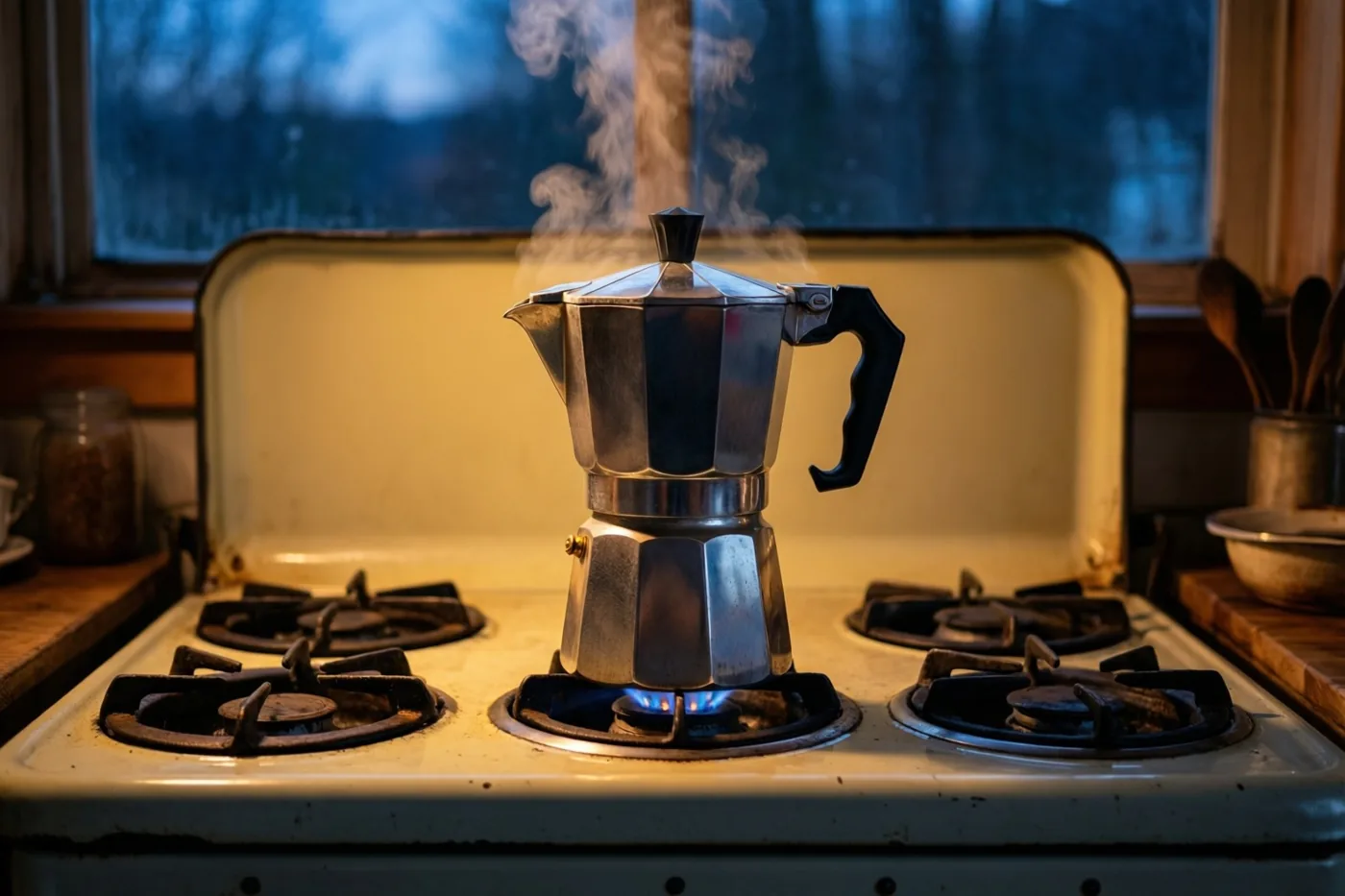 Een verchroomde vintagepercolator dampt op een versleten wit geëmailleerd fornuis boven een zichtbare blauwe vlam, bij een keukenraam met een schemerig blauw uitzicht.