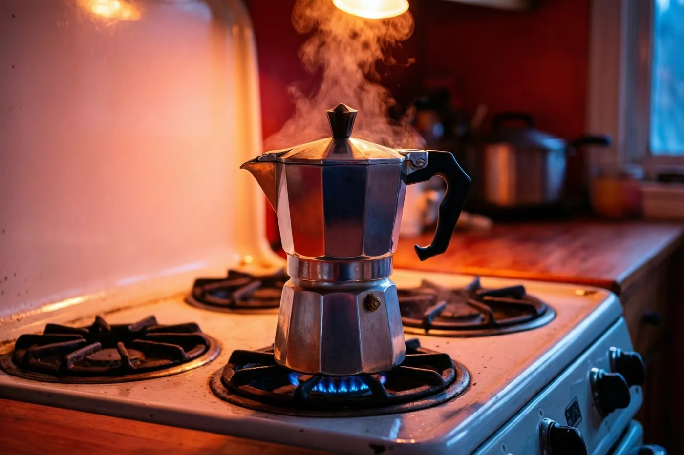 Een verchroomde vintagepercolator pruttelt op een oud geëmailleerd fornuis in een keuken met rode muren en houten werkbladen, verlicht door warm ochtendlicht.