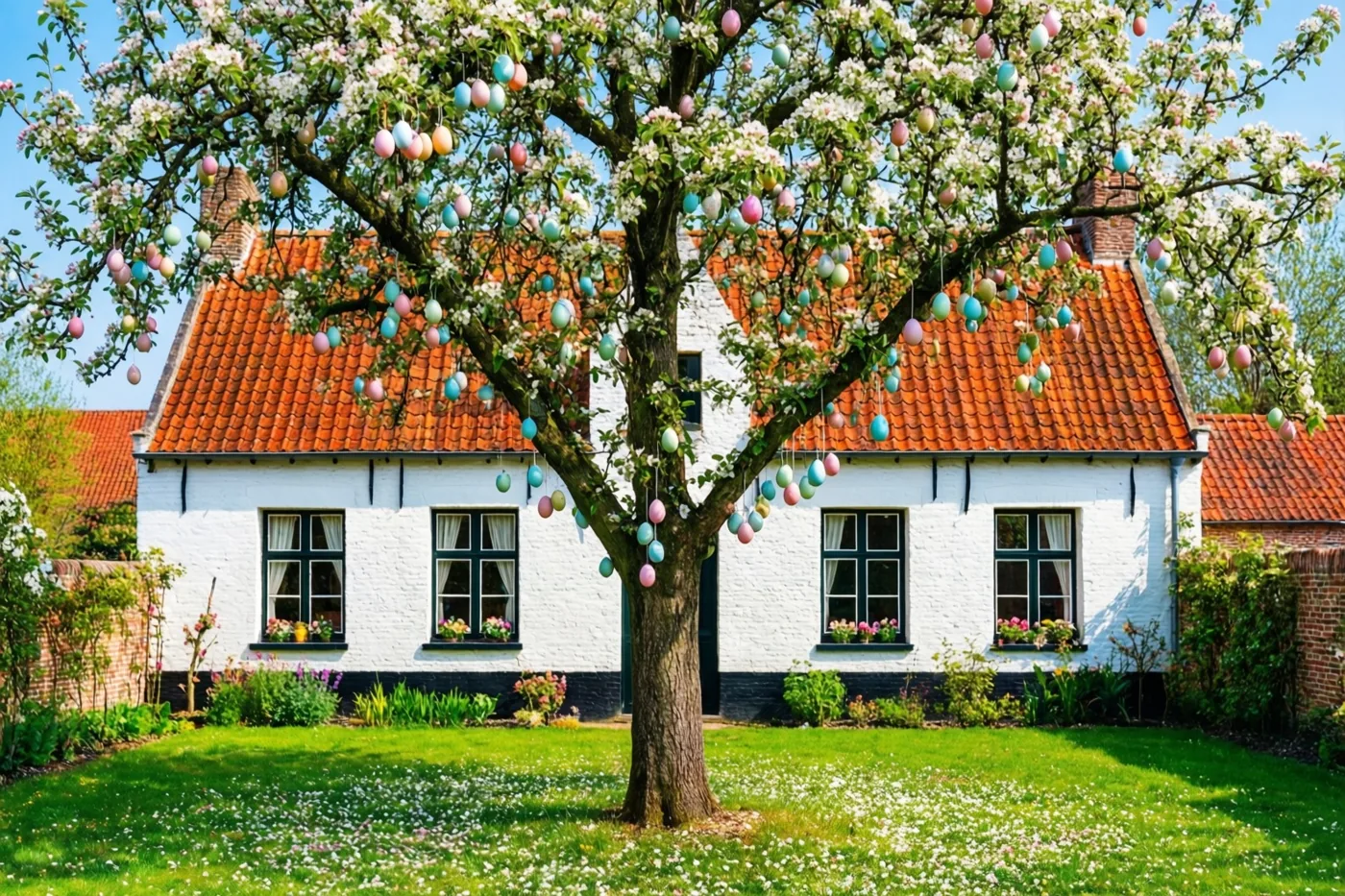 Een bloeiende perenboom met hangende pastelkleurige eieren staat op een groen erf voor een witte Vlaamse hoeve met een rood pannendak.