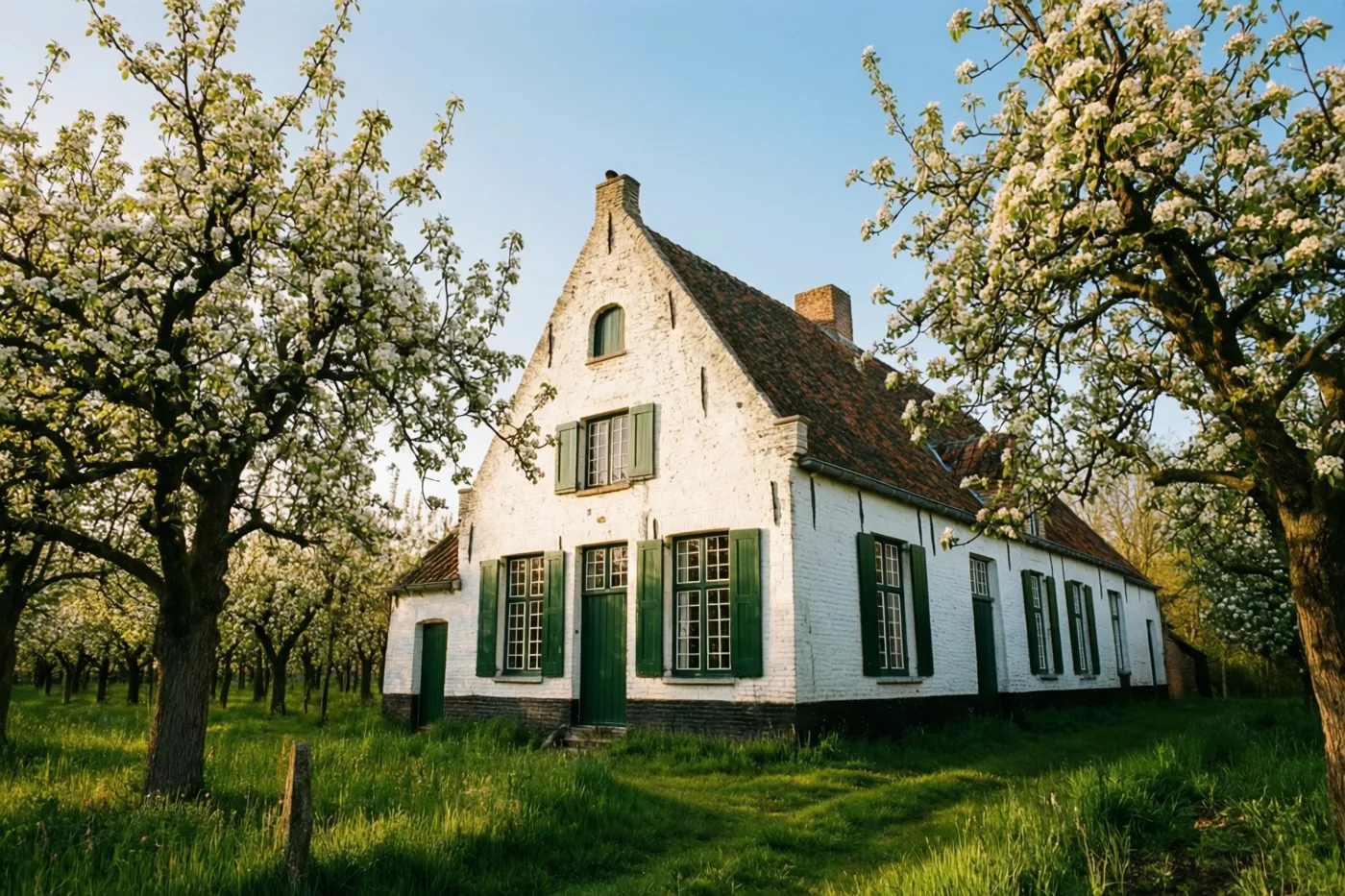 Een witgekalkte Vlaamse hoeve met groene luiken staat in een grasveld tussen oude bloeiende perenbomen onder een helderblauwe hemel.