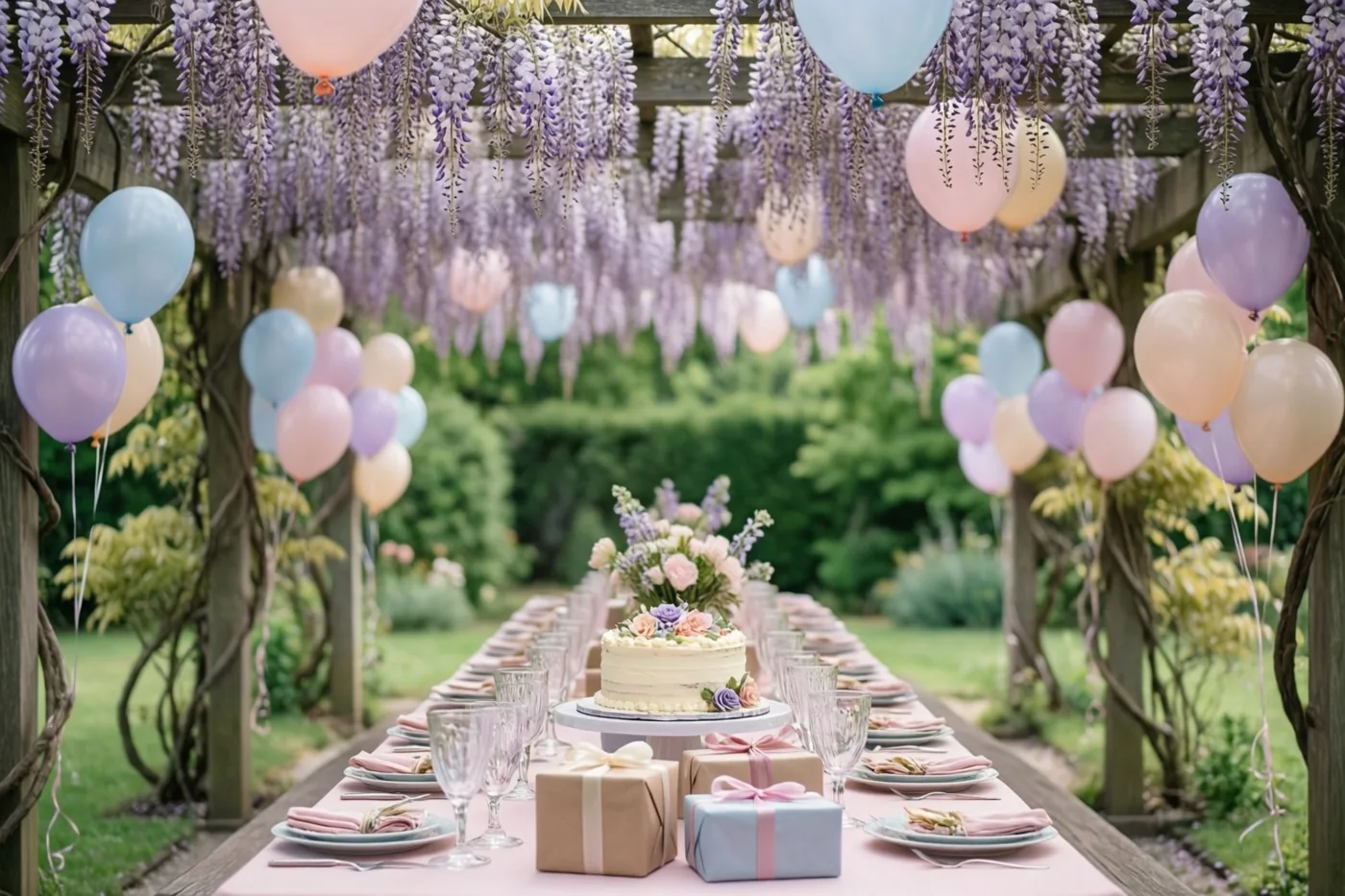 Een lange buitentafel met pastelballonnen, een taart in het midden en ingepakte cadeaus staat onder een houten pergola met hangende paarse blauweregenbloemen.