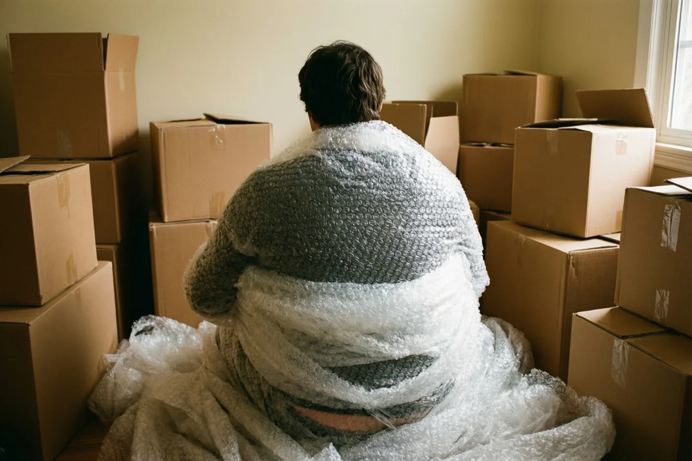 Een persoon zit met de rug naar de kijker in noppenfolie gewikkeld tussen kartonnen verhuisdozen, in het daglicht van een raam.