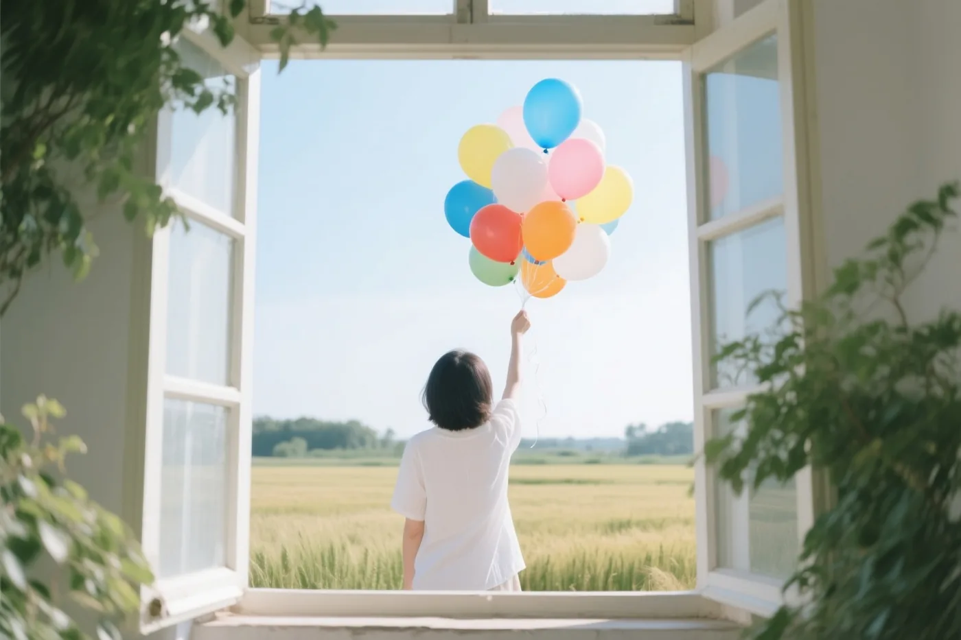 Een persoon met kort donker haar staat van achteren gezien aan een open raam met kleurrijke ballonnen, met een goudkleurig veld buiten op een zonnige dag.