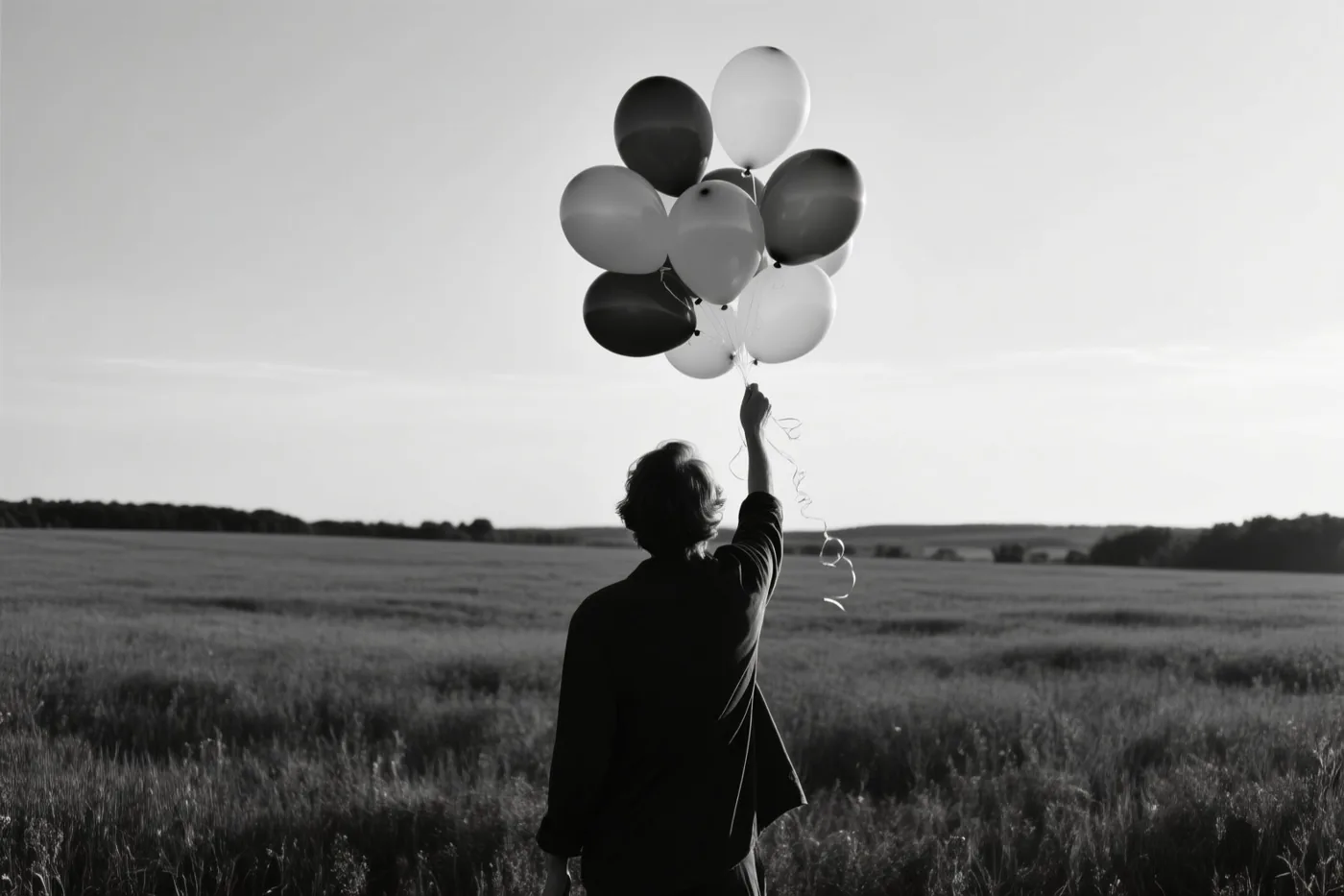 Een zwart-witfoto toont een persoon van achteren in een veld met een tros ballonnen in de opgeheven hand.