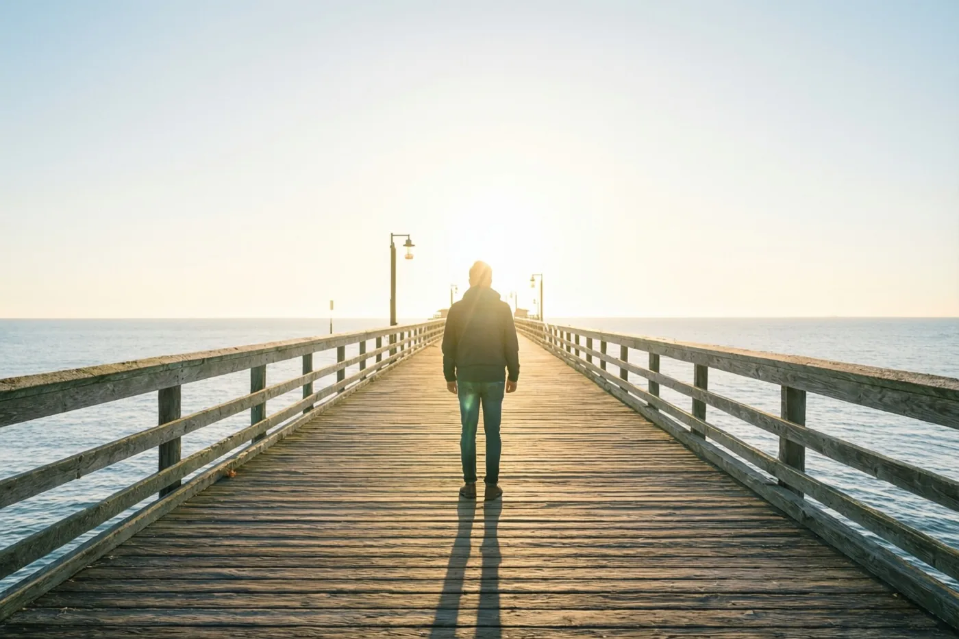 Een persoon staat aan het einde van een lange houten pier en kijkt naar de opkomende zon boven zee in warm gouden licht.