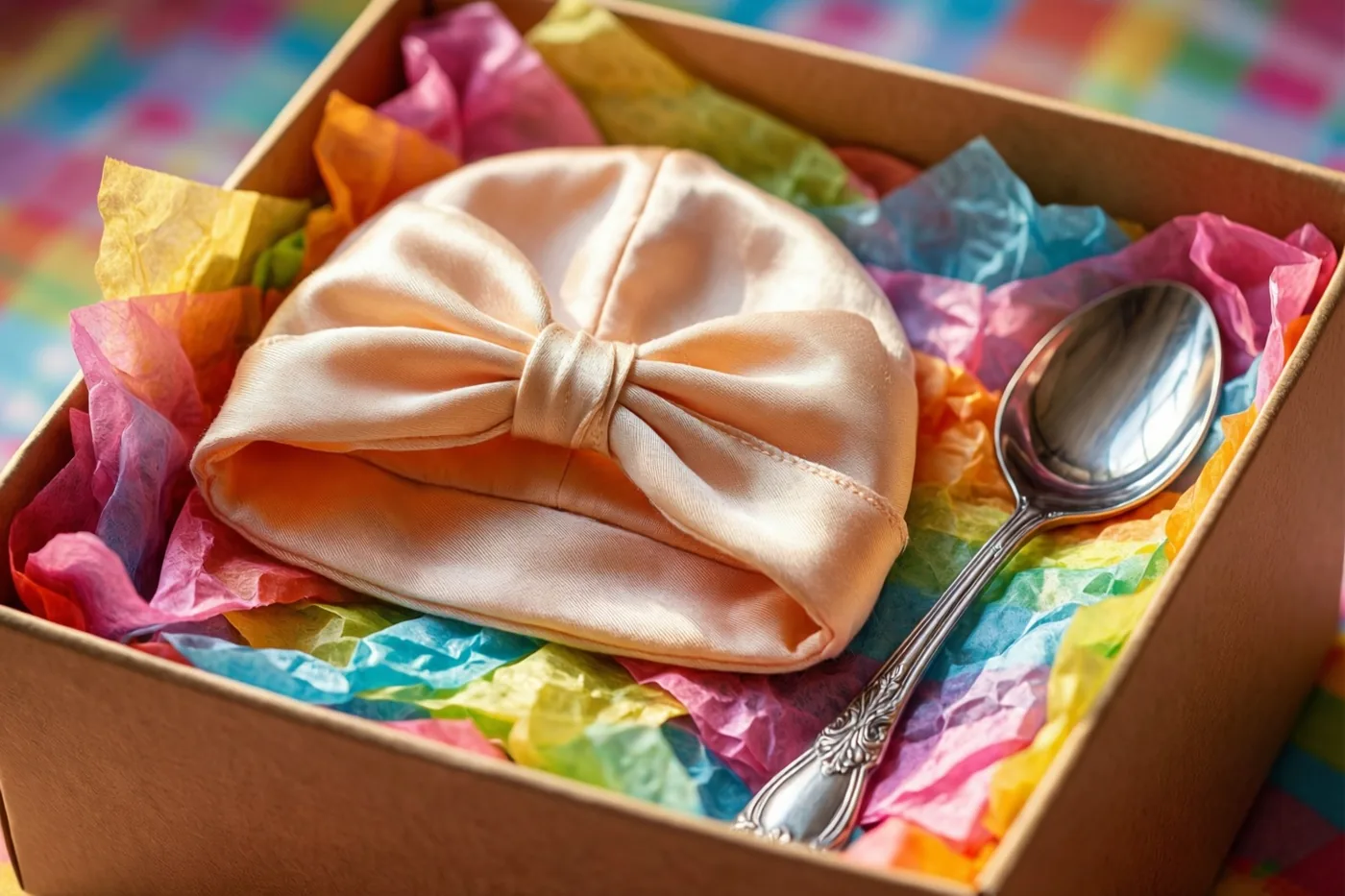 Een geschenkdoos met kleurrijk zijdepapier, een perzikkleurig zijden babymutsje met strik en een zilveren lepel staat op een veelkleurige ondergrond.