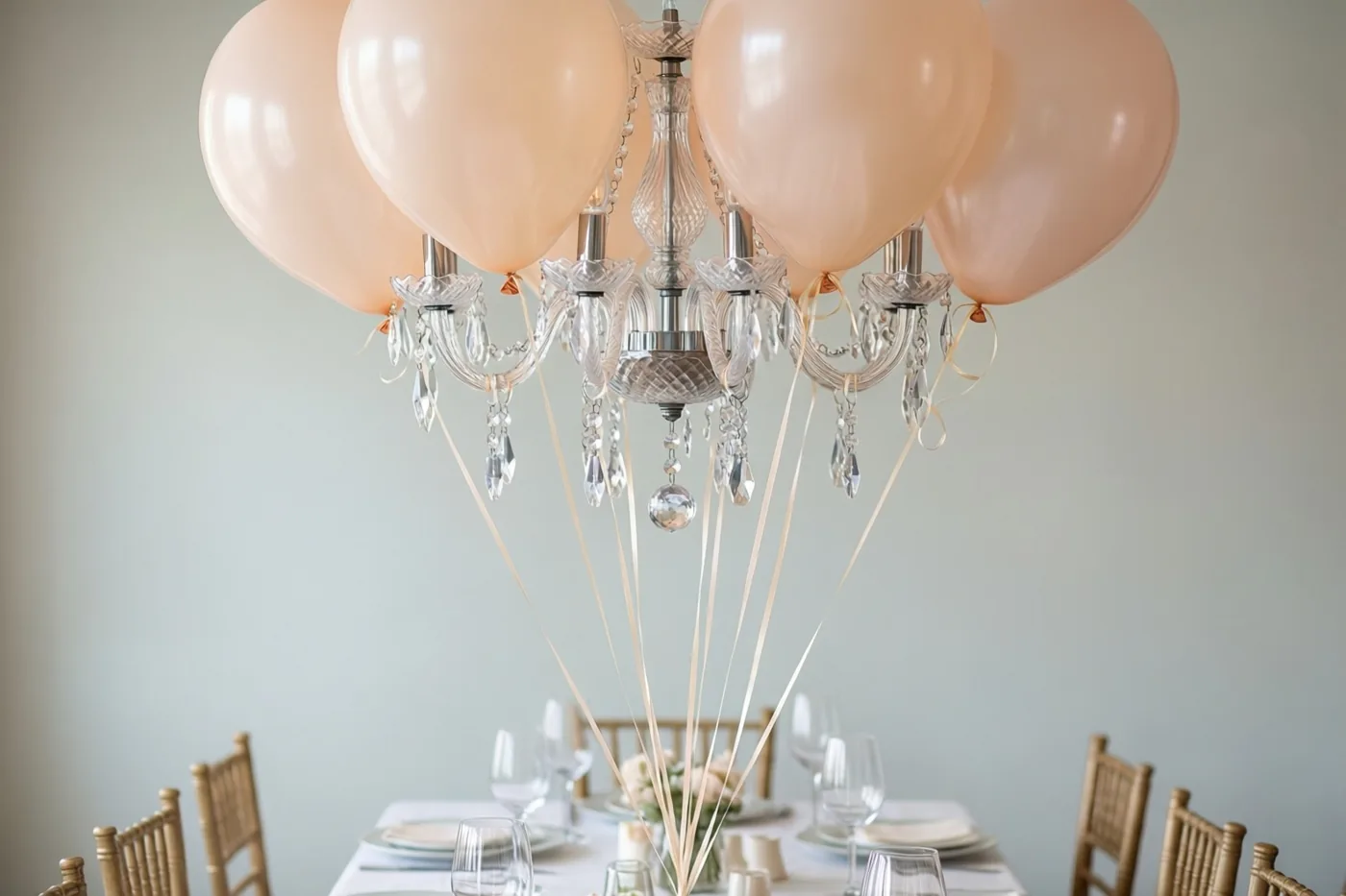 Lichte perzikkleurige ballonnen zijn vastgemaakt aan een kristallen kroonluchter boven een formeel gedekte tafel in zacht licht tegen een neutrale achtergrond.