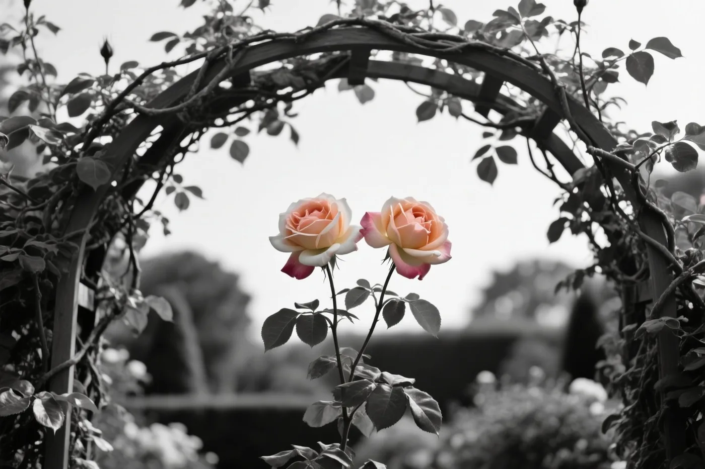 Twee perzikkleurige klimrozen bloeien onder een begroeide houten tuinboog, terwijl de rest van de foto in zwart-wit is.